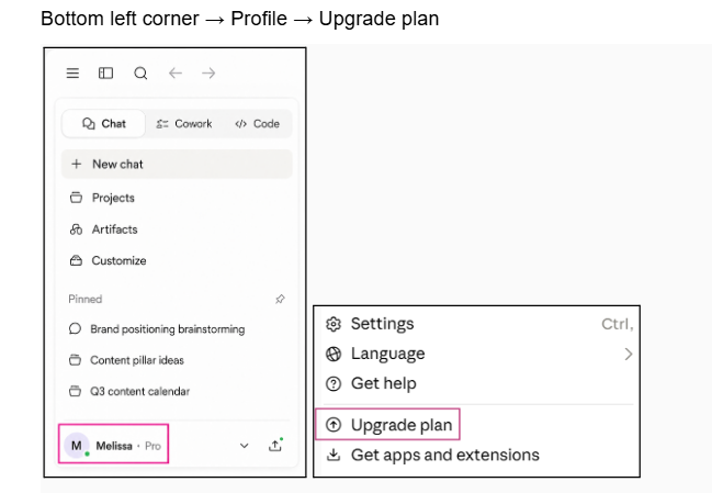 Claude.ai sidebar with the Profile menu open, showing Settings, Language, Get help, Upgrade plan, and Get apps and extensions