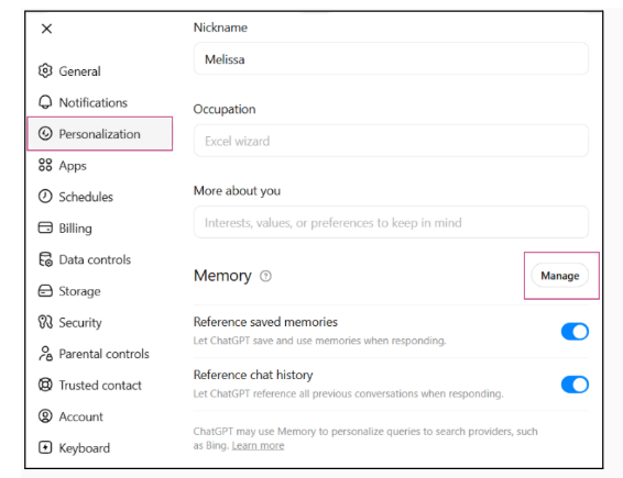 ChatGPT Personalization settings panel showing the Memory section with the Manage button highlighted