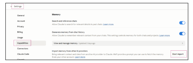 Claude Settings panel with Capabilities selected, showing the Memory section and the Start import button for importing memory from other AI providers