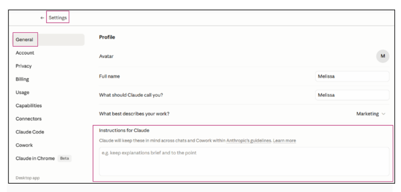 Claude Settings → General panel with the Profile section open and the Instructions for Claude box highlighted