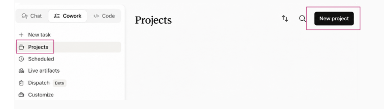 Claude Cowork sidebar with the Projects view selected and the New project button highlighted at the top right